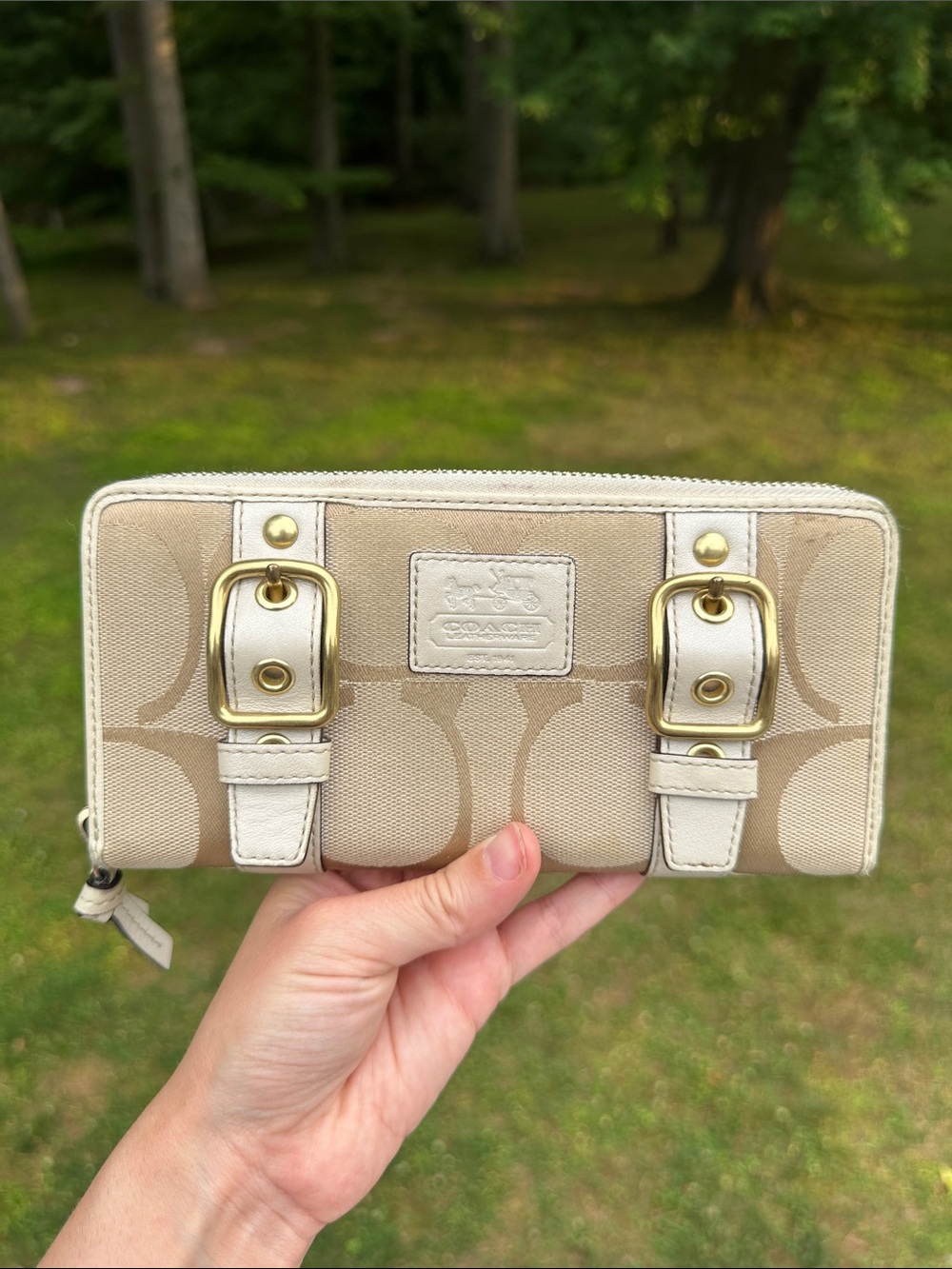 Coach Vintage Beige Patent Leather  Zip Around Wallet w/Buckle Accents